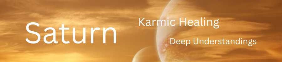 Golden planets above the earth with words that say 'Saturn', 'Karmic healing' and 'Deep understandings'.