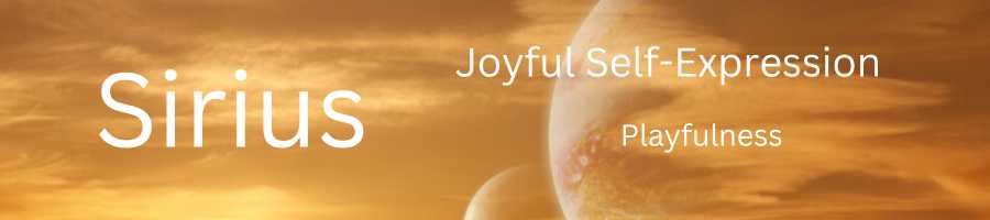 Golden planets above the earth with words that say 'Sirius', 'Joyful Self Epression' and 'Playfulness'.