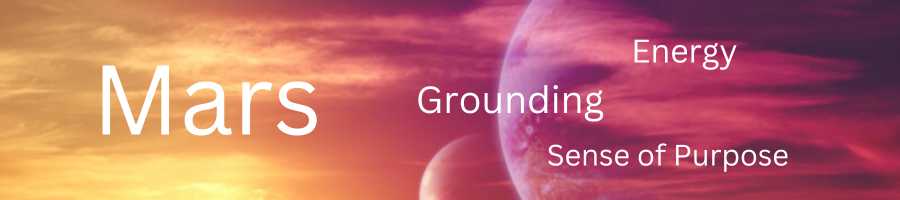 Red and gold planets above the earth with words that say 'Mars', 'Grounding' and 'Energy'.