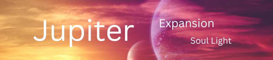 Red and gold planets above earth with words that read 'Jupiter', 'Expansion' and 'Soul Light'.