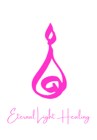 A symbol in pink of the Eternal Light Healing flame on a white background.