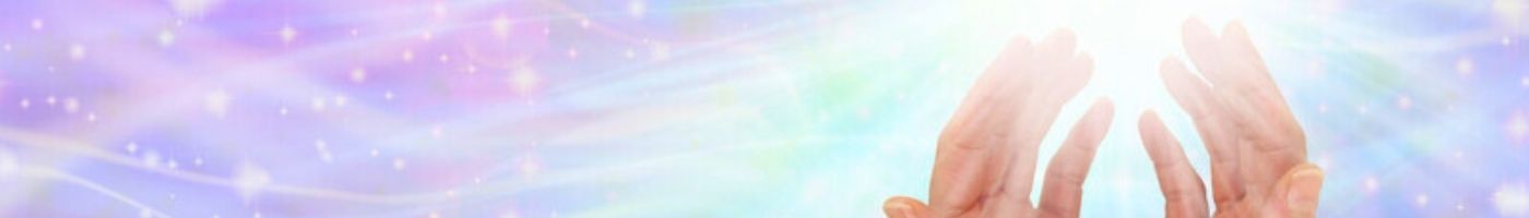 light coming from healing hands on a purple background