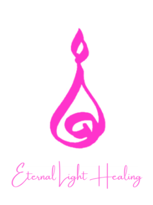 A symbol in pink of the Eternal Light Healing flame on a white background.